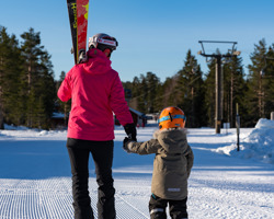  Mother holding her son's hand on the way to the lift, carrying alpine skis