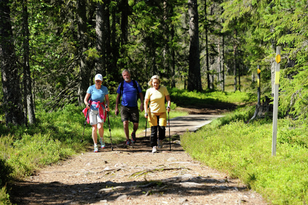 Tre seniorer som vandrar med gåstavar på grusväg i Orsa grönklitt.