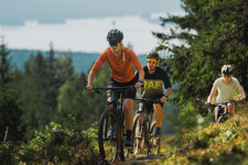 A couple of friends biking togehter in the forest at Orsa Grönklitt