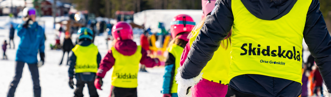 Slalomåkande barn på led i skidskola