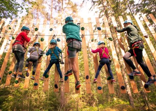 Barn och ledare som klättrar vid skolbesök i Grönklitt klätterpark