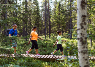 Familjen i harmoni - mamma, pappa och barn vandrar tillsammans i Orsa Grönklitts vackra skogar och njuter av naturen tillsammans.