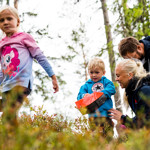 Familj plockar Blåbär i höstmiljö - gemensamma naturupplevelser i Orsa Grönklitt.