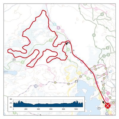 Karta och höjdprofil över Böllingmyren 11,1 km